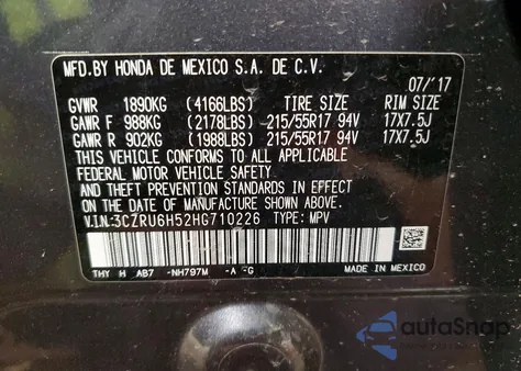 2017 Honda Hr-V Ex z USA, uszkodzony, nr VIN 3CZRU6H52HG710226